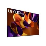 Vista frontale con TV LG OLED evo, OLED G4, emblema OLED di 11 anni numero 1 al mondo e logo di garanzia del pannello di 5 anni sullo schermo